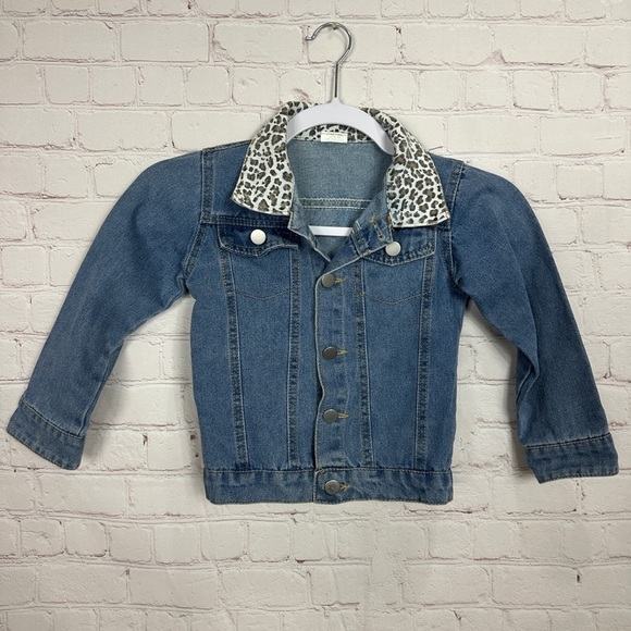 Toddler Girls Leopard Print Collar Denim Jean‎ Jacket Size M, GUC - Picture 1 of 4